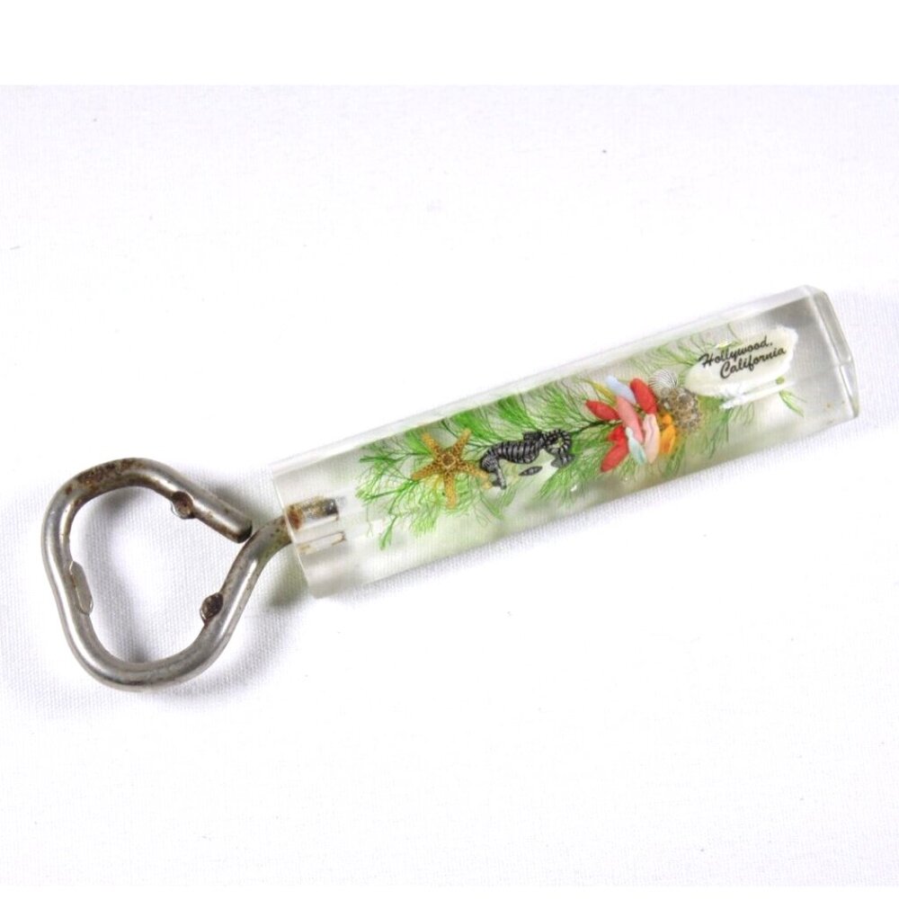 Hollywood California lucite clear float faux seahorse bottle opener